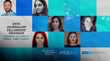 Tiled headshots of the fellows along with the logos of Columbia Journalism School, Stavros Niarchos Foundation and IMEdD